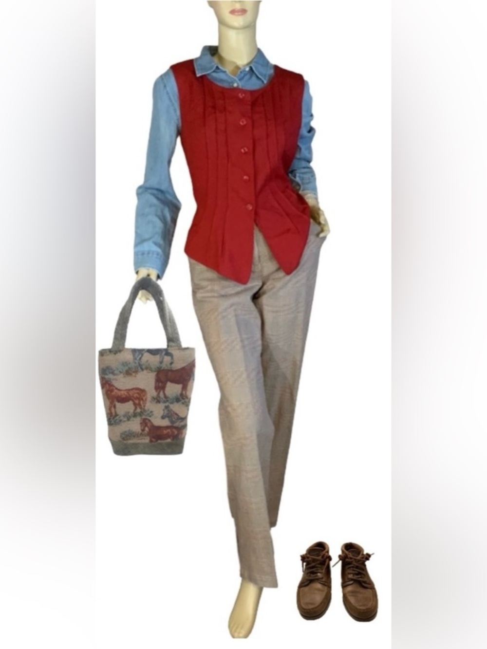 VINTAGE RENA ROWAN FOR SAVILLE BRICK RED PLEATED VEST (12)